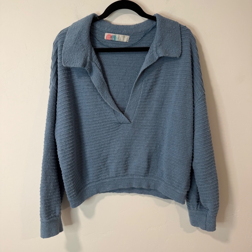 Free People Beach Carter Sweater Medium Blue Good V-Neck Polo Collar Knit